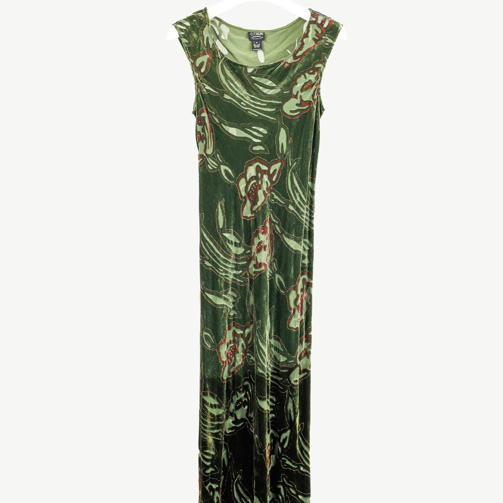 Citron Santa Monica Green Floral-Burnout Velvet Maxi Dress